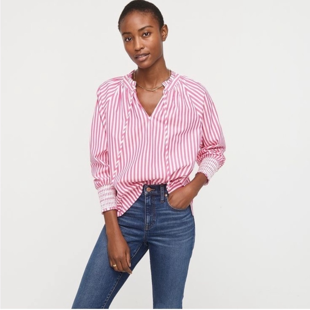 J. Crew Pink and White Striped Smocked Cuff Cotton Blouse Small